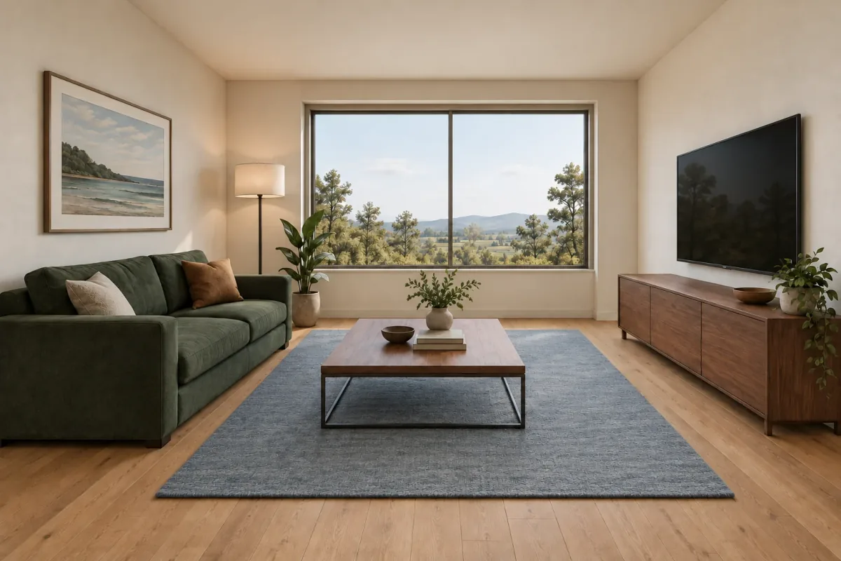 A living-room concept with forest green sofa, walnut furniture and dusty blue rug.