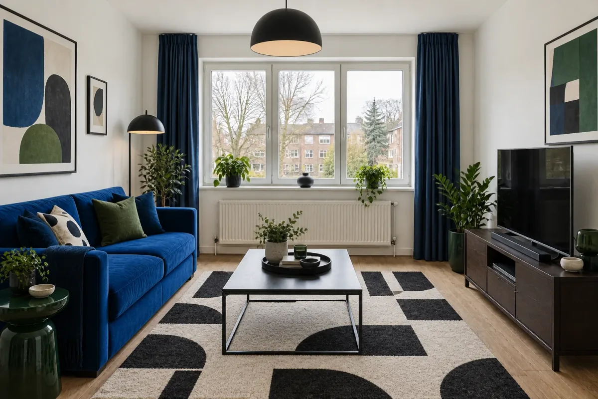 A cobalt sofa, dark curtains, black-and-white rug and green side tables.