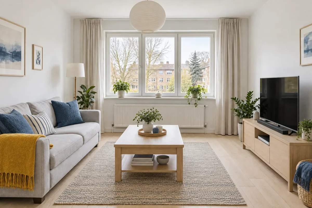 Pale wood furniture, a grey sofa and blue textiles with a mustard throw.