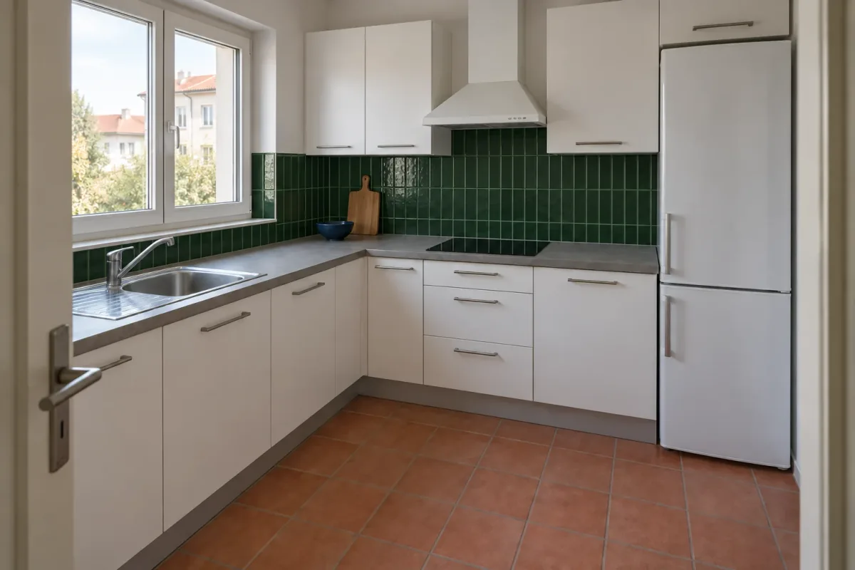 A forest green tile backsplash with white cabinets and terracotta flooring.