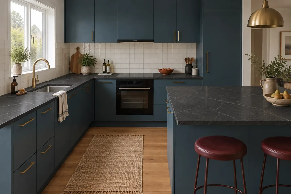Charcoal countertop visualizer concept with fine pale veining above blue cabinets.