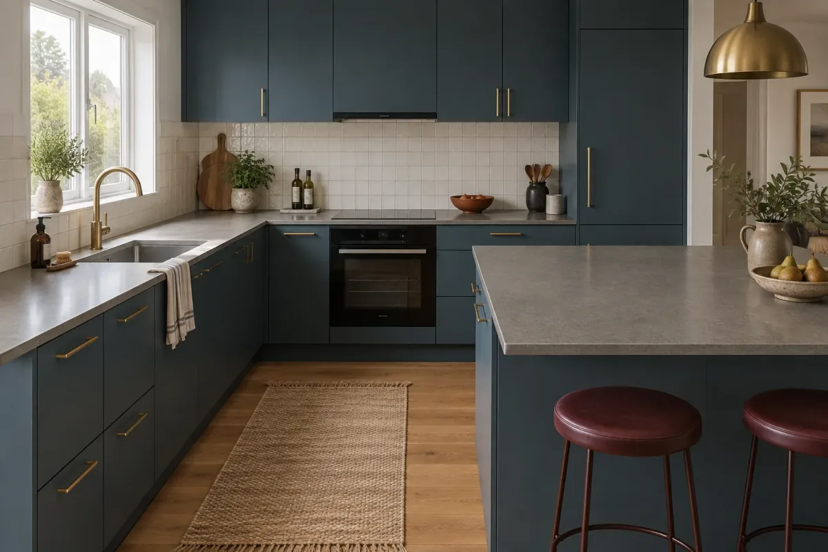 Reference kitchen with grey countertops, blue cabinets, pale square backsplash tiles and burgundy stools.