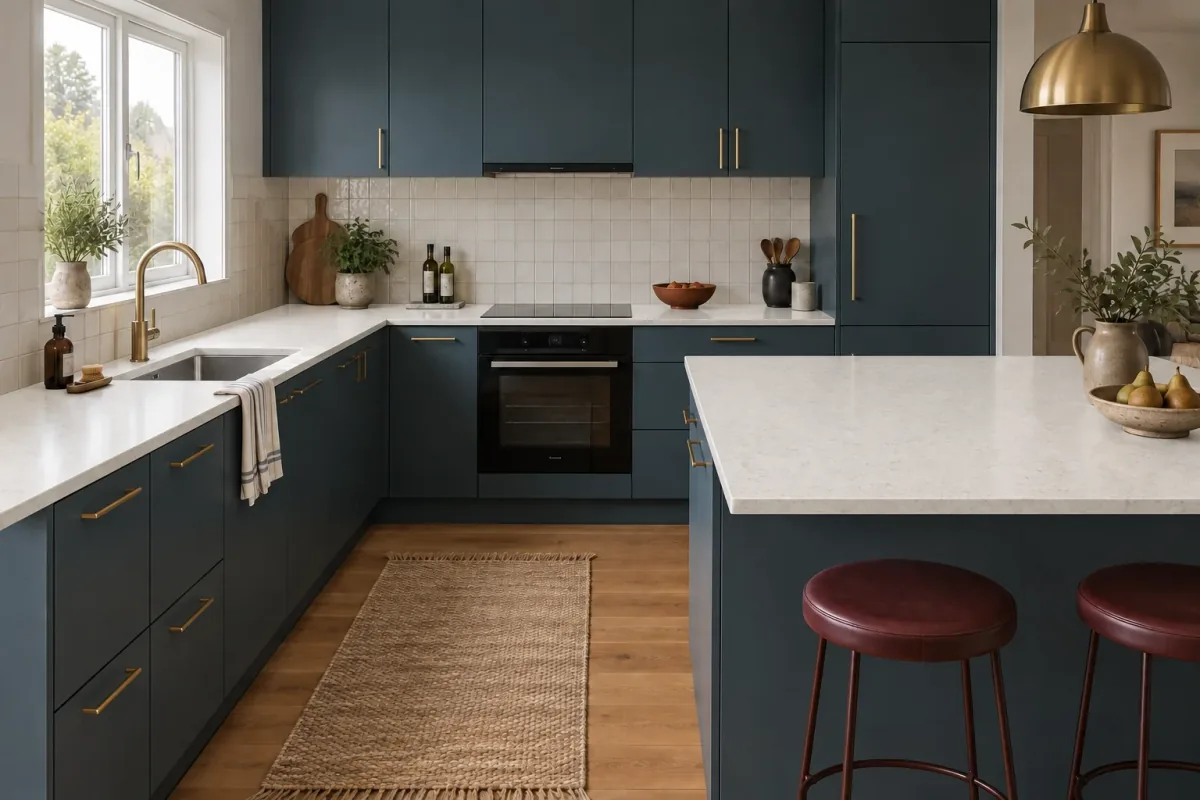 Countertop visualizer concept with warm-white counters, petrol-blue cabinets and burgundy stools.