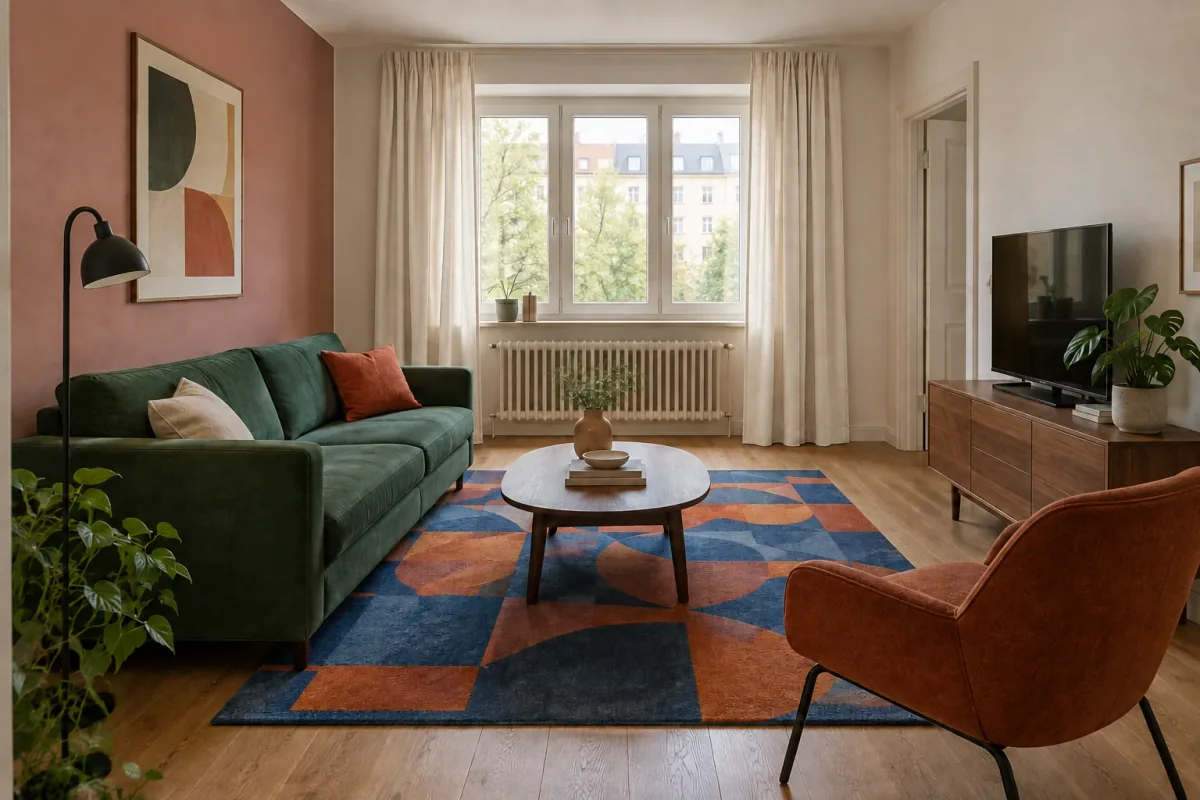 Alternate child from the original parent with light curtains and the bold geometric rug retained.
