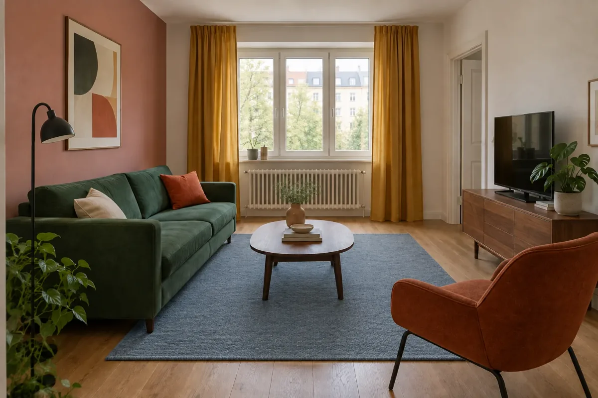 Child version of the same room with a plain muted dusty-blue rug replacing the geometric rug.