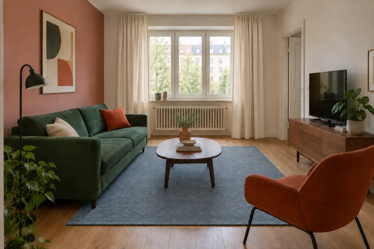 Colorful living room revision with a plain dusty-blue rug and warm off-white curtains.