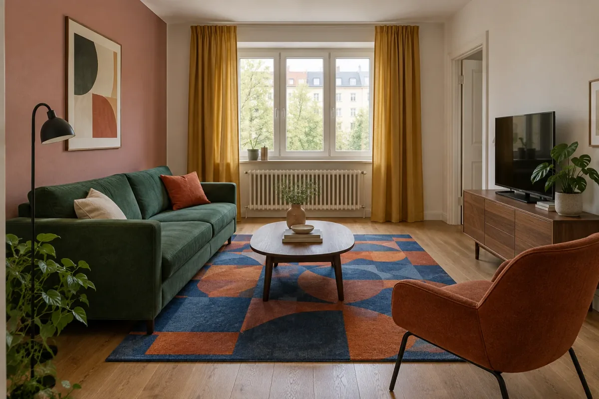 Selected parent concept with green sofa, rust chair, saffron curtains, dusty-rose wall and bold geometric rug.
