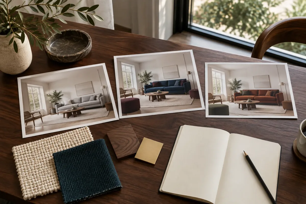Interior design client presentation with room concept prints, textile and wood samples, and a blank notebook.