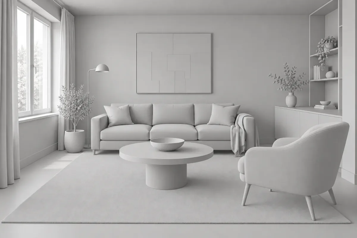 Light-grey clay-style living-room study showing the sofa, chair, round table and storage as neutral forms.