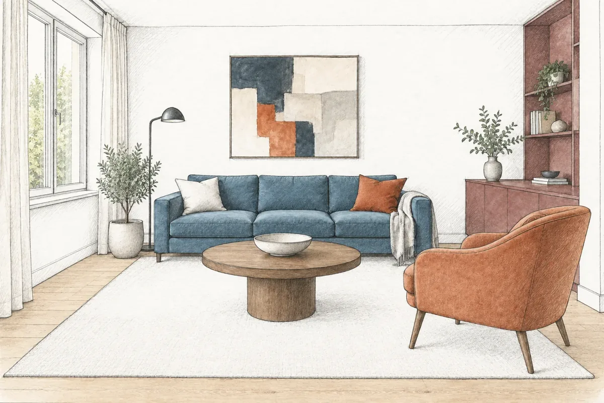 Interior rendering styles example: an ink-and-wash living room with a blue sofa, terracotta chair and burgundy cabinet.