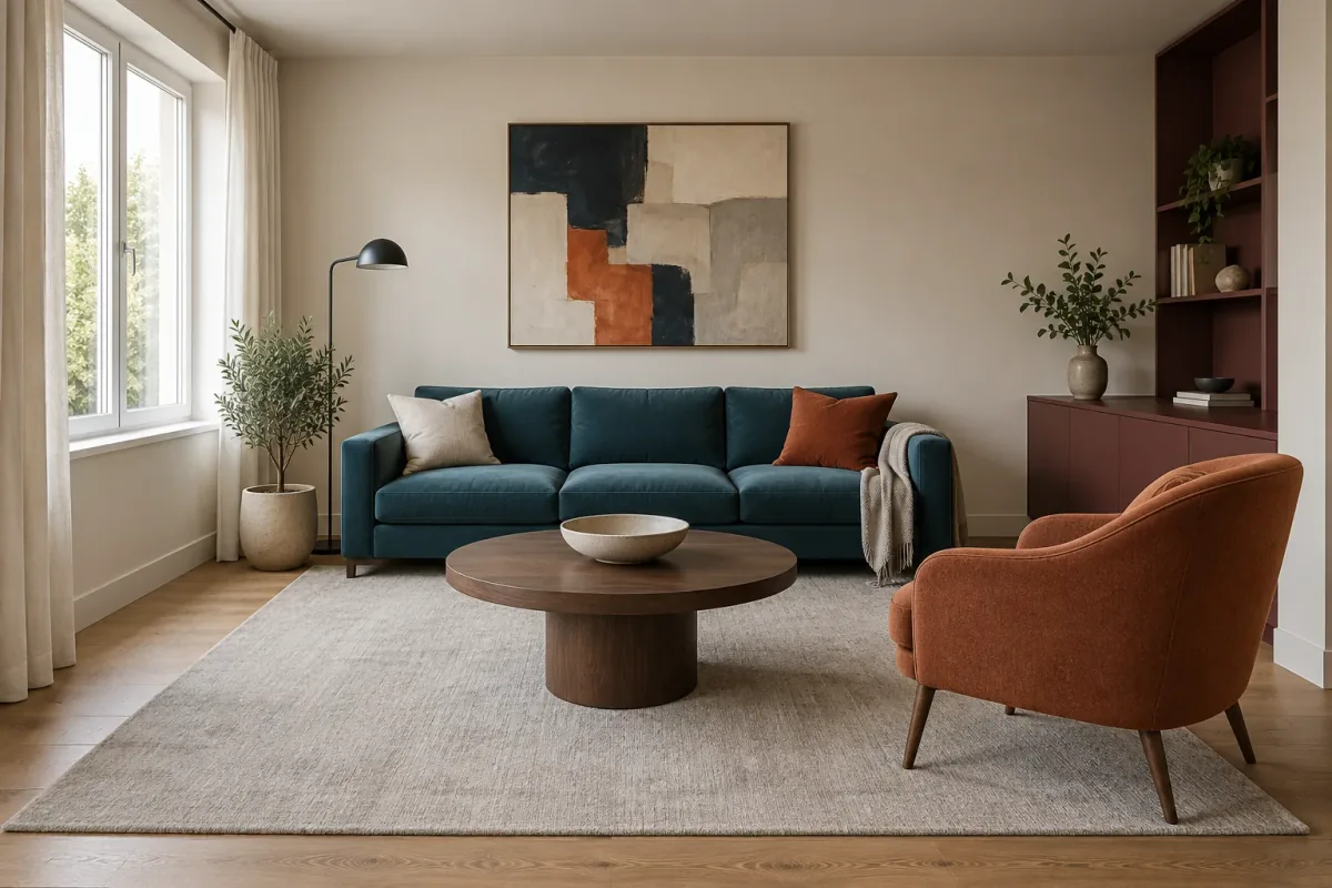Full-color reference living room with a petrol-blue sofa, terracotta chair, round wood table and burgundy shelving.