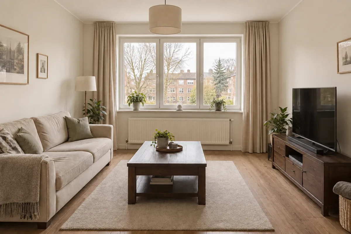 AI-generated concept of the same living room with warm off-white walls and natural linen curtains, retaining the sofa, dark rectangular coffee table and television cabinet.