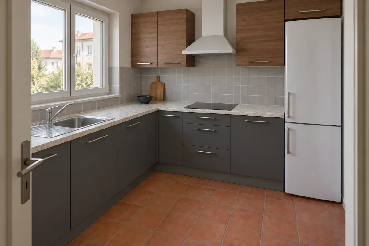 AI-generated kitchen palette with graphite lower cabinets, walnut upper fronts, a pale speckled counter and grey backsplash.