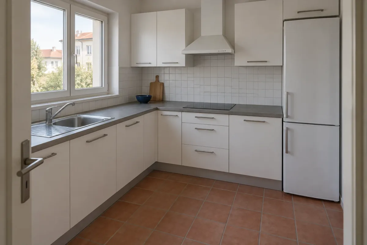 Reference L-shaped kitchen with white cabinetry, a grey counter, white tile backsplash and terracotta floor.