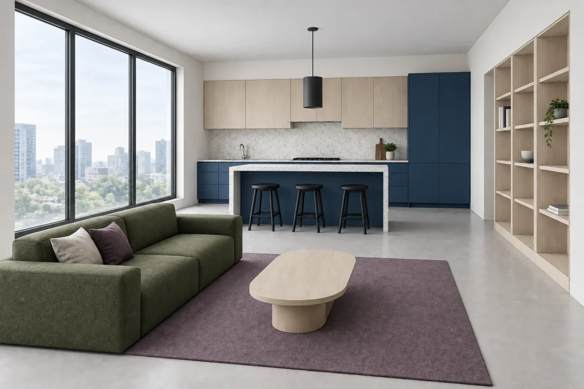 Cool AI material render with cobalt cabinets, pale ash shelving, terrazzo, moss sofa and plum rug.