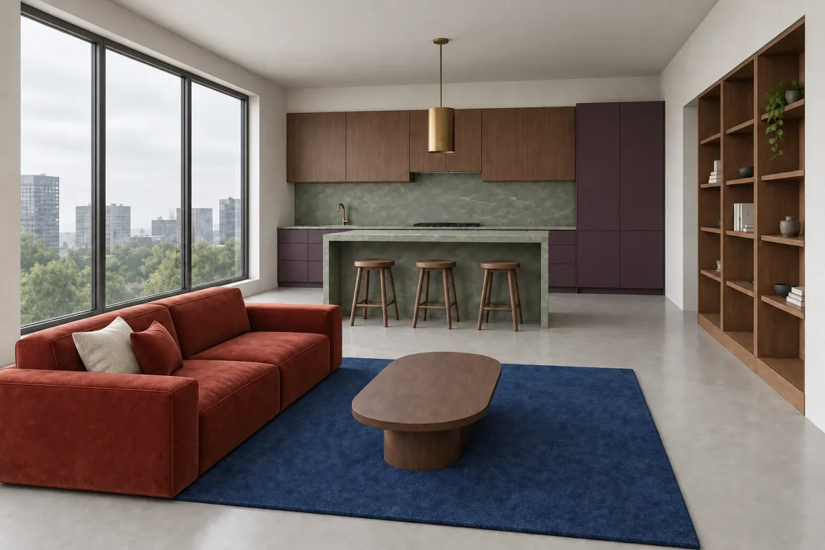 Photorealistic open-plan interior concept with aubergine cabinetry, walnut shelving, rust sofa and neutral daylight.