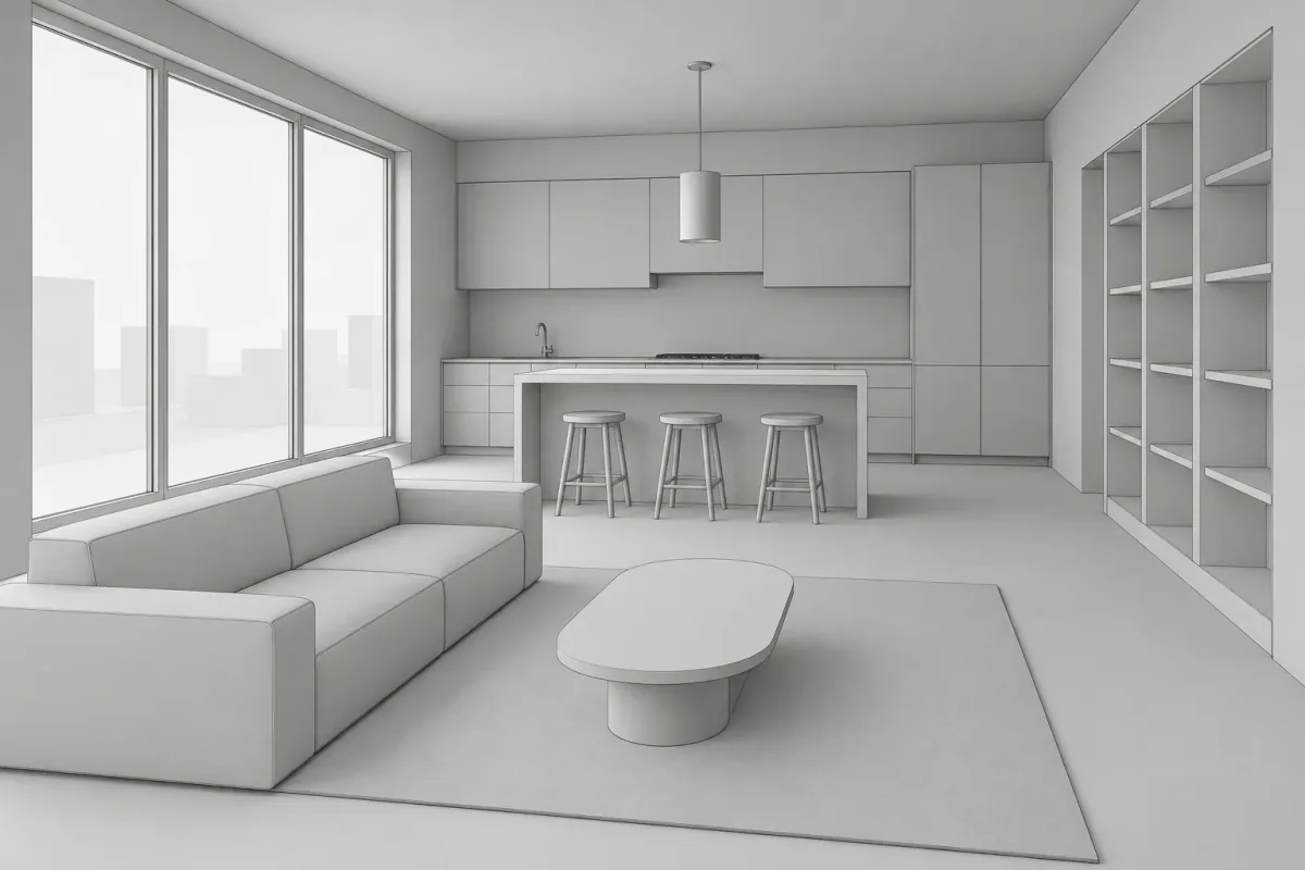 Synthetic monochrome 3D model view of an open-plan kitchen and living area with crisp edges and simple shaded faces.