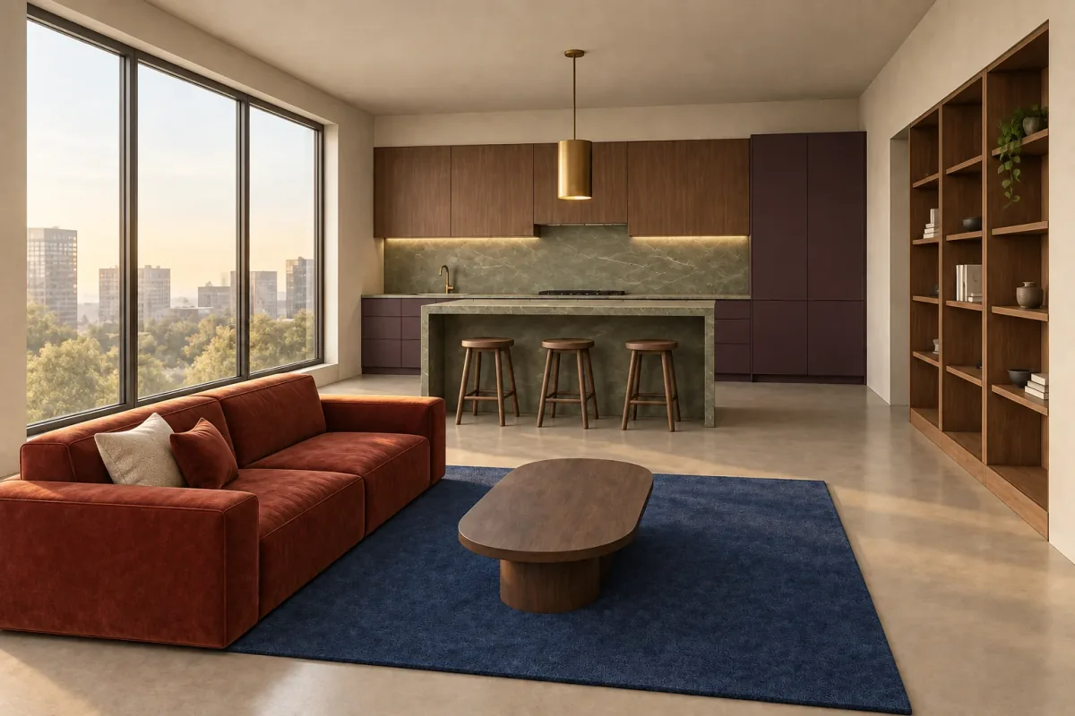 Warm AI material render with aubergine cabinets, walnut shelving, green quartzite, rust sofa and cobalt rug.