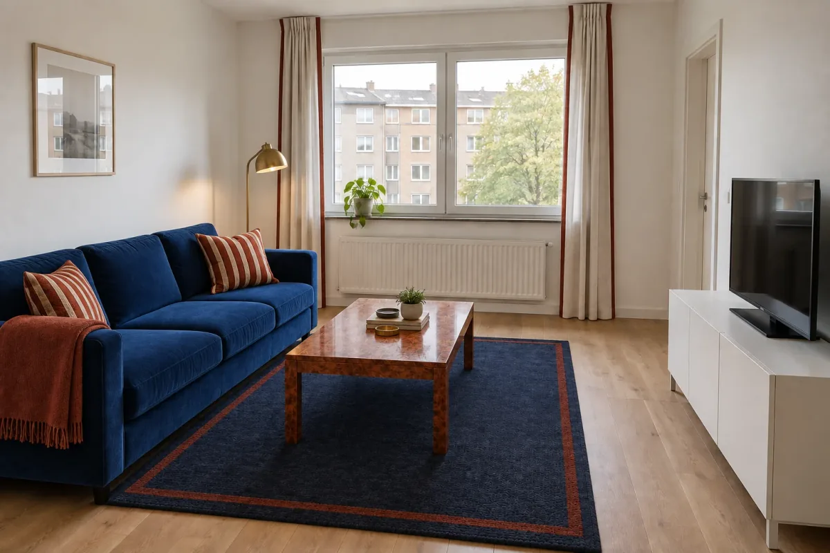 Lighter reference translation with cobalt sofa, burl table, navy rug, striped cushions and off-white walls.