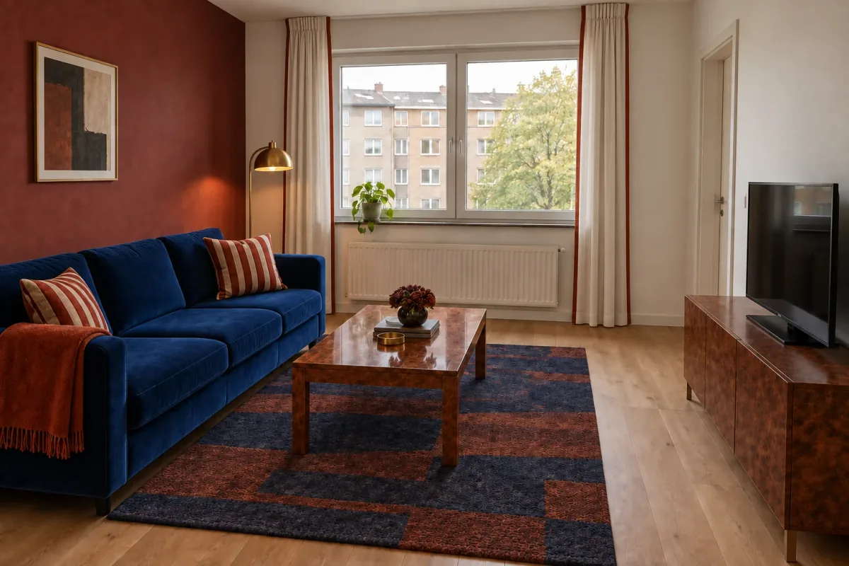 Rich reference translation revised with warm off-white curtains edged in rust.