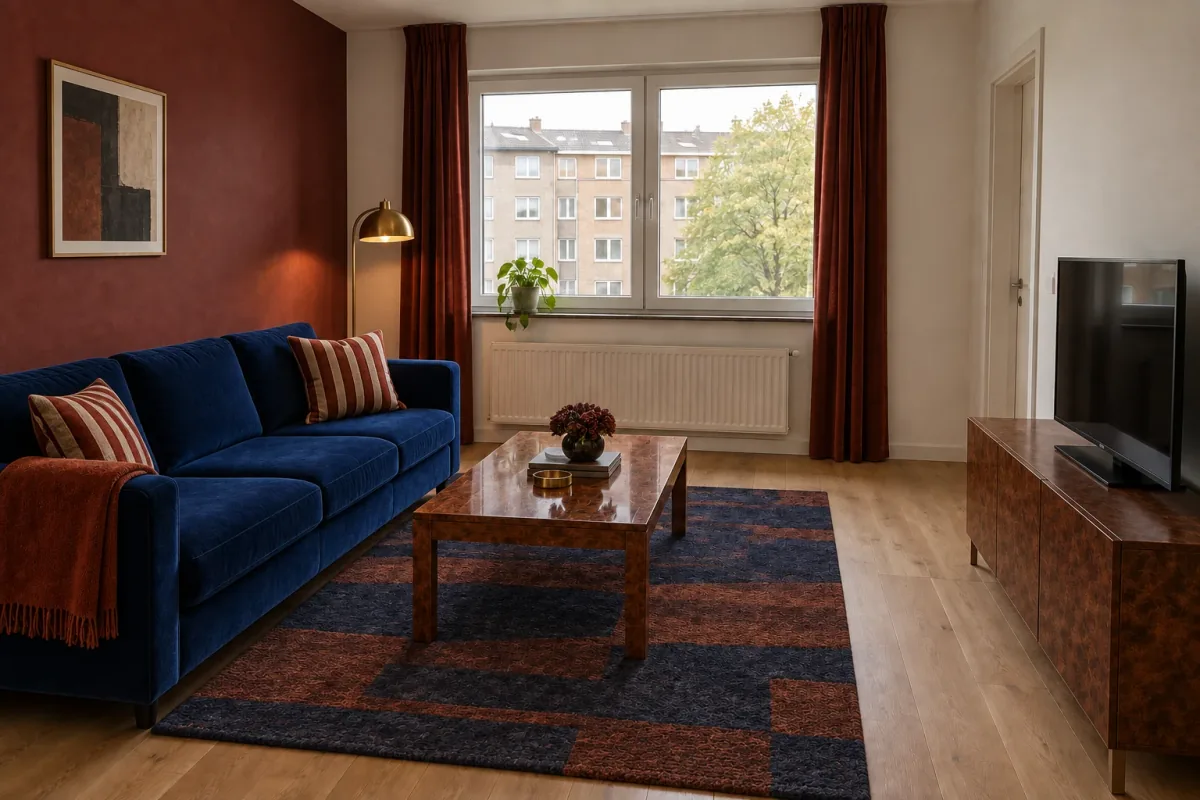Apartment living room redesigned with cobalt velvet, oxblood paint, rust textiles, burl wood and brass.