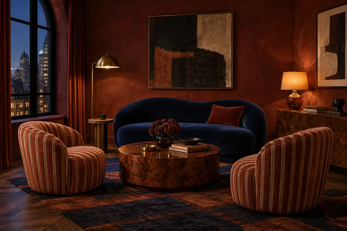 Boutique lounge reference with oxblood walls, cobalt velvet seating, striped rust chairs, burl wood and brass.