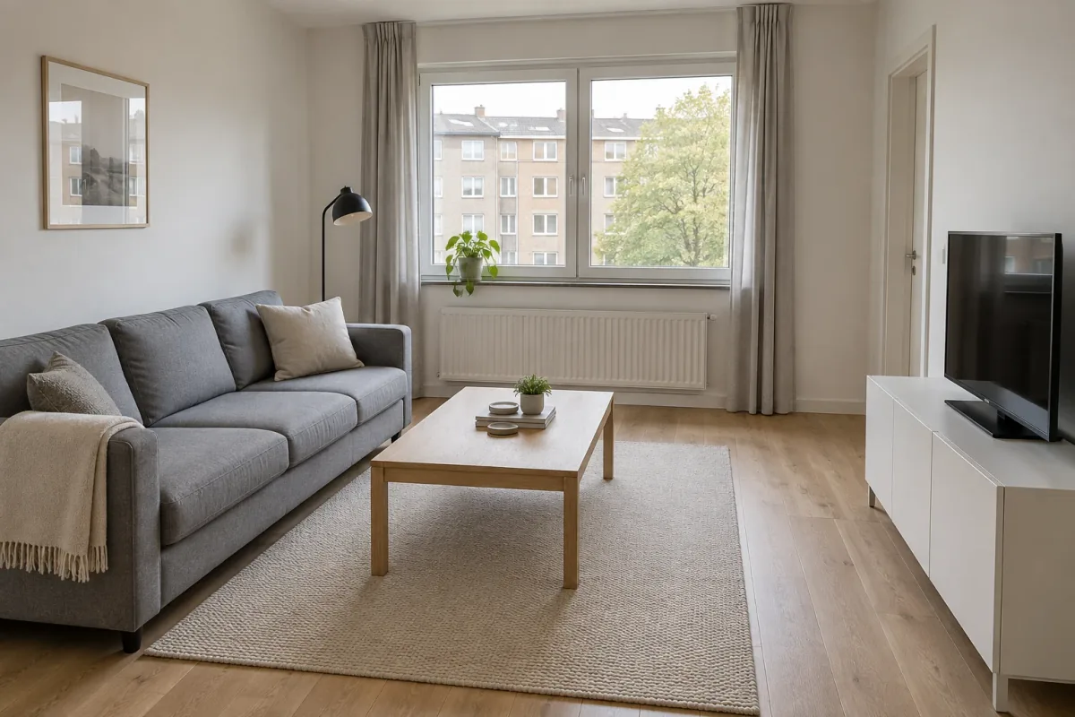 Neutral target apartment living room with grey sofa, pale-oak table, cream rug and white media cabinet.