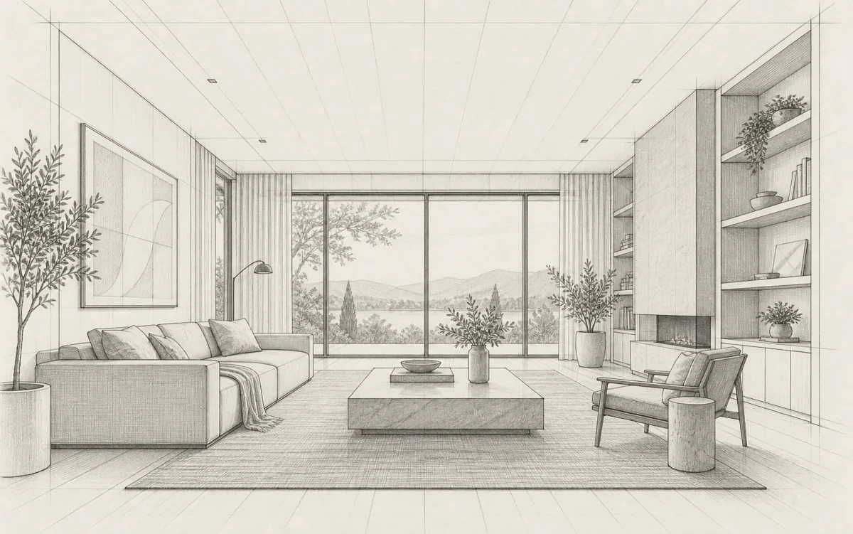 Hand-drawn interior sketch used as the starting point for a Vizterior concept workflow