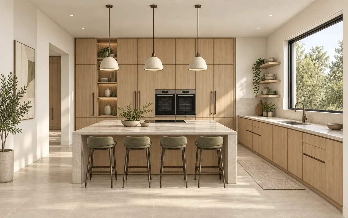 AI-created kitchen concept with pale cabinetry, stone surfaces, and warm lighting