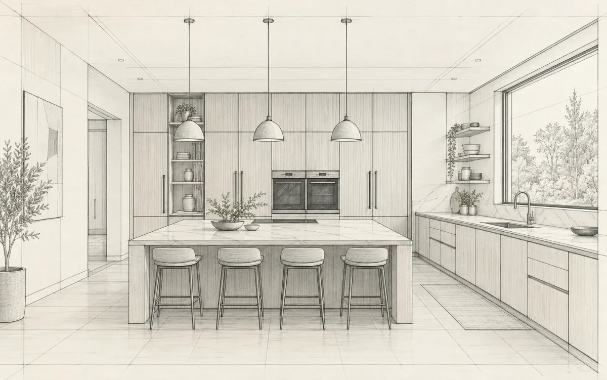 Hand-drawn kitchen sketch with cabinetry, island, and room openings