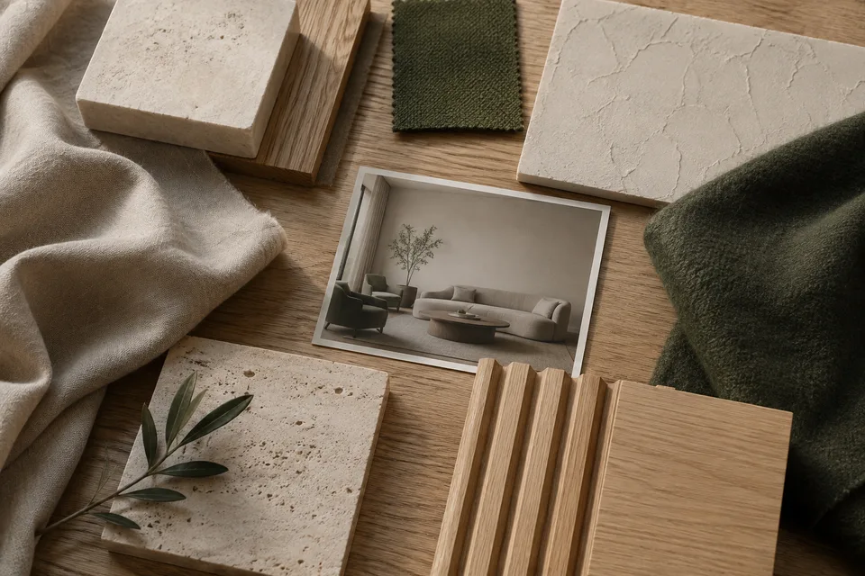 AI-created interior material palette with timber, stone, textile, and paint references