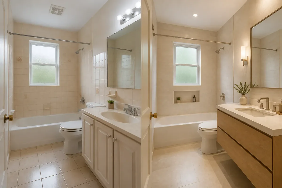 Bathroom room photo shown beside an AI-created finish concept
