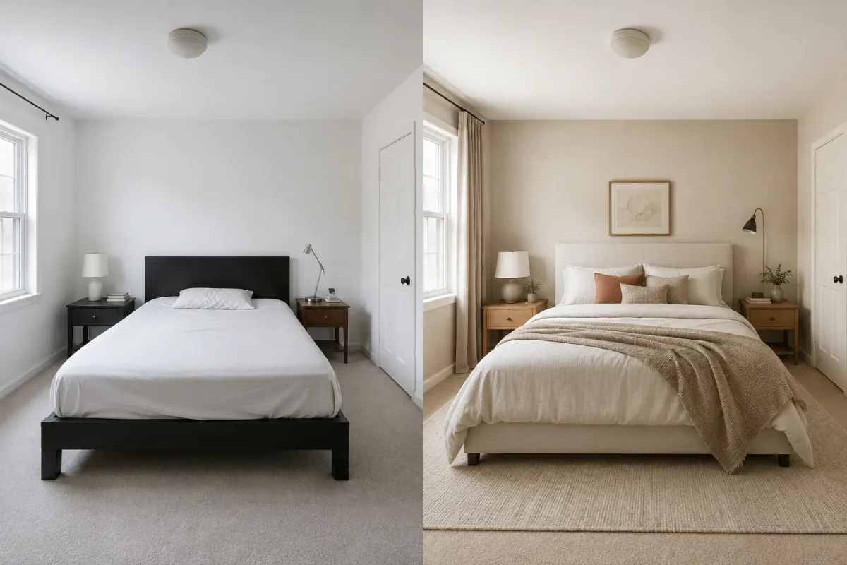 Bedroom room photo shown beside an AI-created calm interior concept