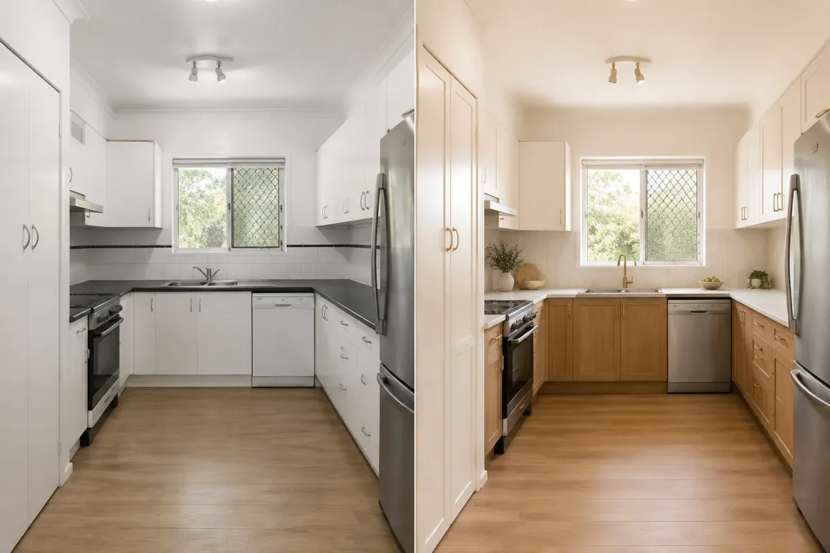 Kitchen room photo shown beside an AI-created material concept